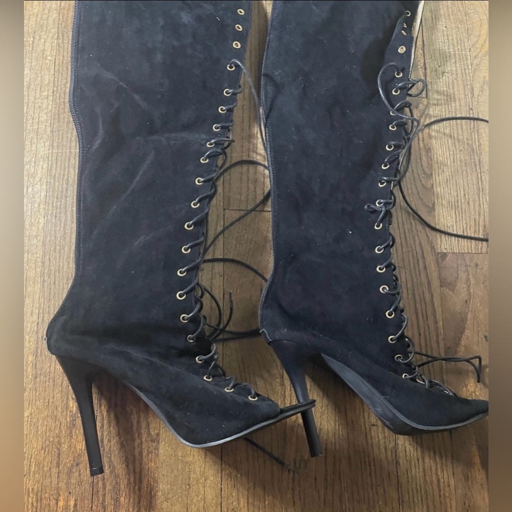 Over The Knee Lace Up Peep Toe Heel Boots Size 40